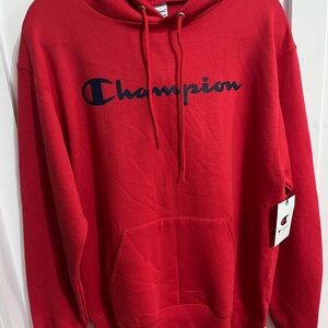 Champion Red Crewneck Hoodie with Navy Script Logo